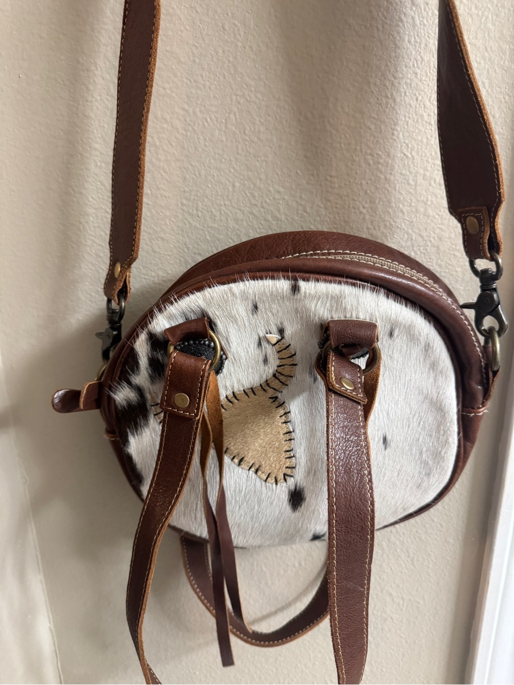 Myra Bag Brown and White Round Crossbody with Haircalf Accent